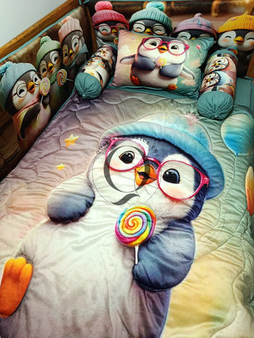 CS-1006: Cot Bedding Set - Cute Penguin Winter Wonderland